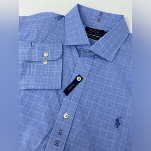 NWT Polo Ralph Lauren Men 14.5 32/33 Lt Blue Plaid Classic Fit Easy Care Stretch